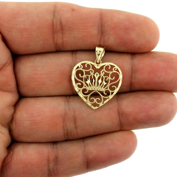 10K Yellow Gold Diamond Cut Heart & Crown Pendant
